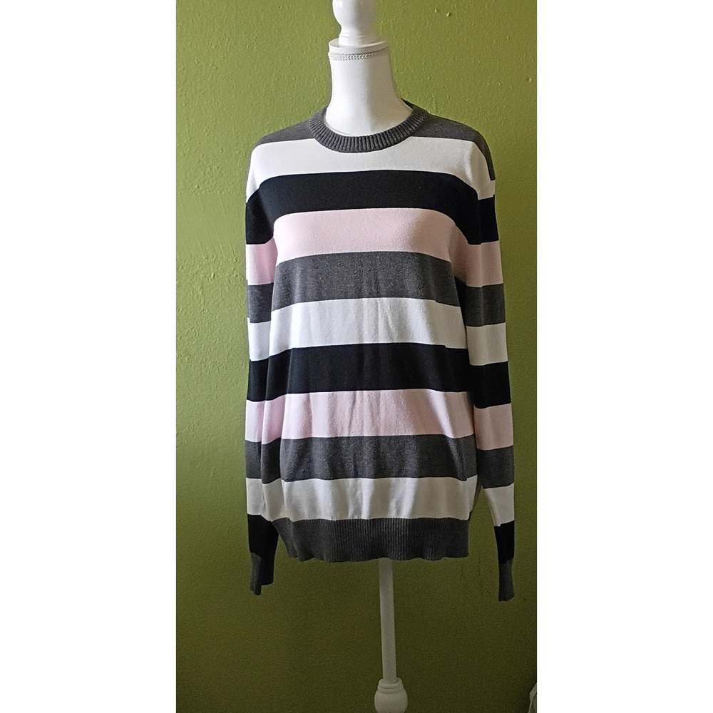Preppy Classic Pink Grey Striped Cotton Knit Sweater Pullover Womens L Large